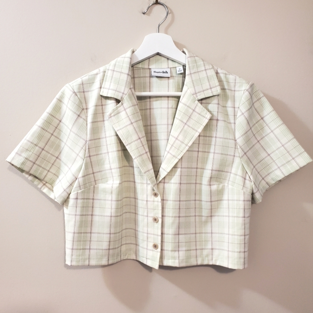 Aritzia Sunday Best - Green Plaid Tuesday Crop Button Notch Collar - Size M - Picture 2 of 7